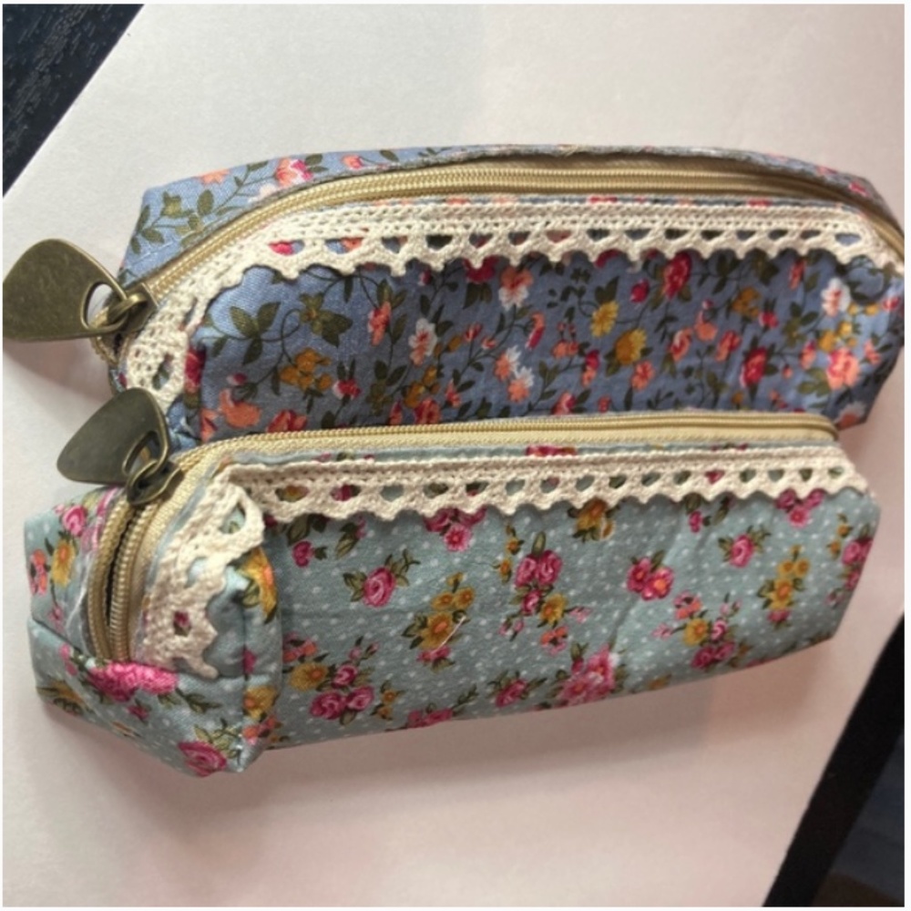 Handmade Rose Pink Lace pencil Art Case Blue